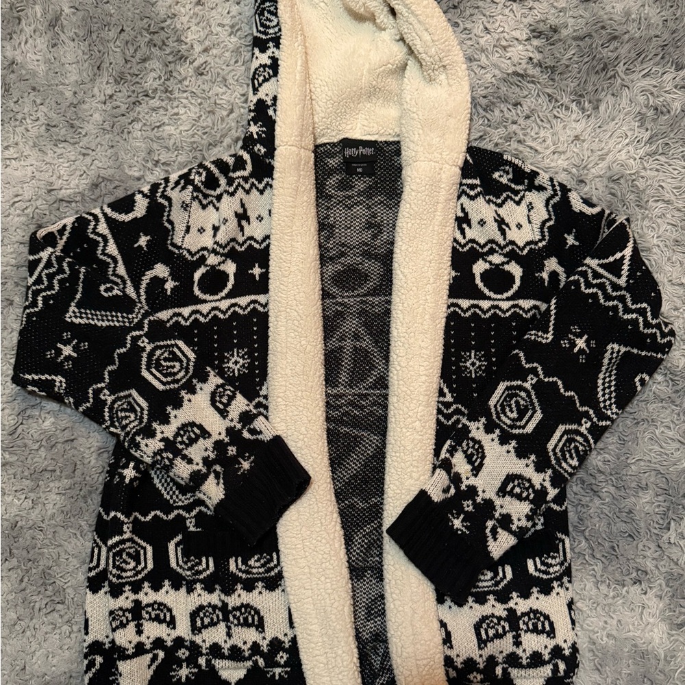 Harry Potter Horcrux Fair Isle Sherpa Knitted Cardigan Hooded Black Hallows Sz M